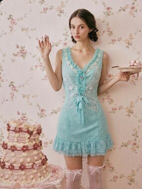 Pretty Angel Silk Blend Butterfly Lace Ruffle Tank Top Aqua Boho Fairy L